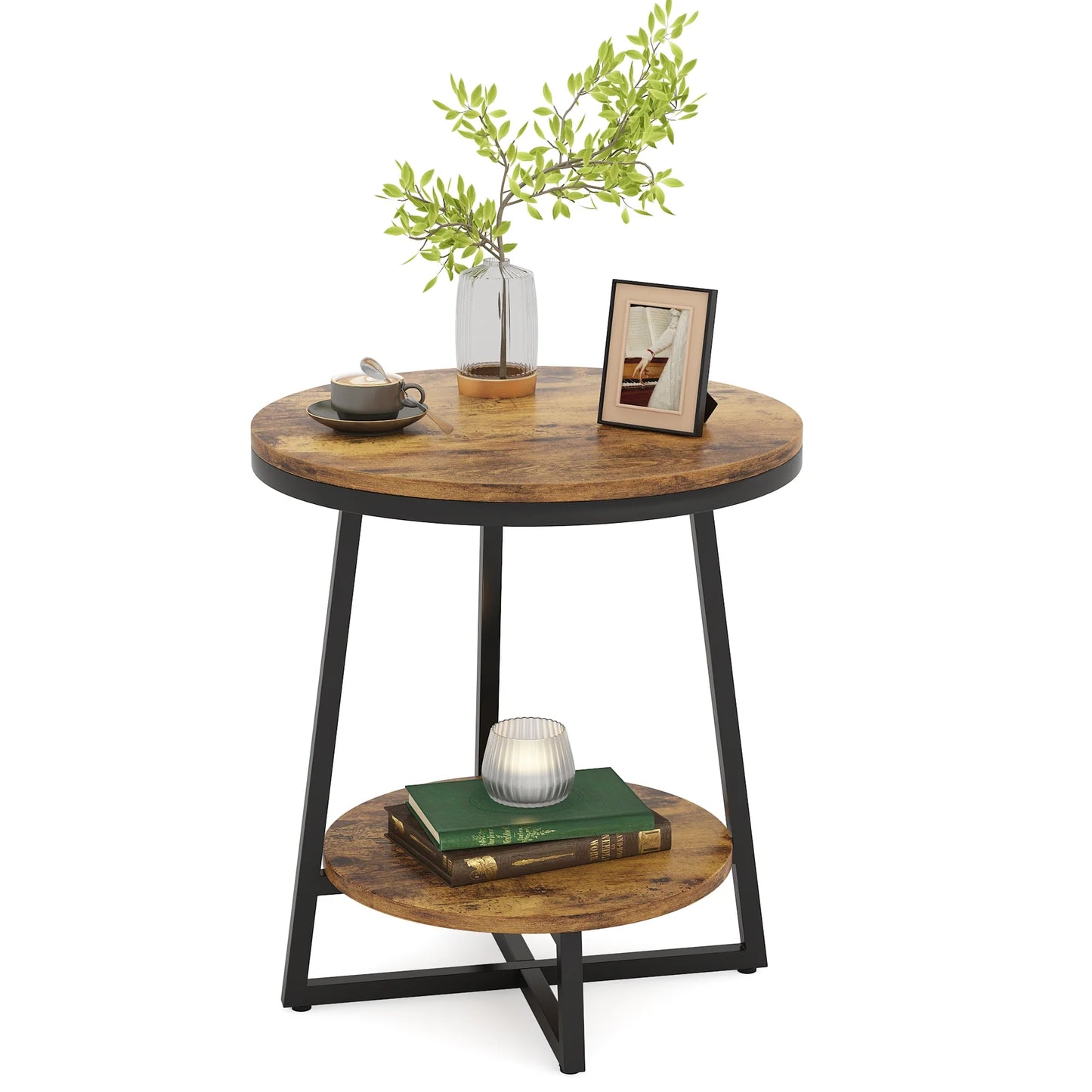 Tribesigns End Table, 2 Tier Round Nightstand Bedside Table