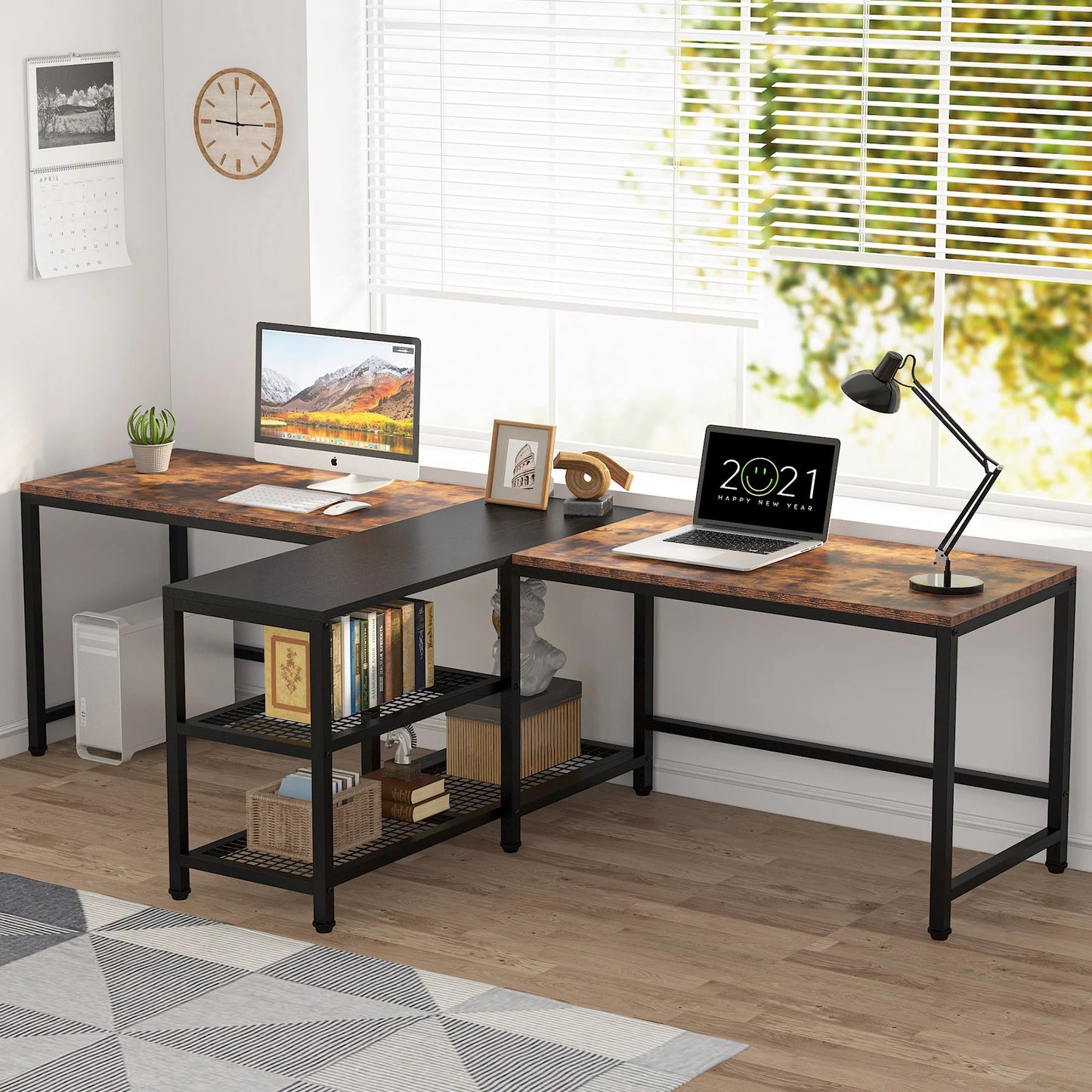 Tribesigns Two Person Desk, 94.5" Double Computer Desk with Shelves
