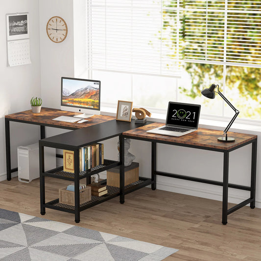 Tribesigns Two Person Desk, 94.5" Double Computer Desk with Shelves