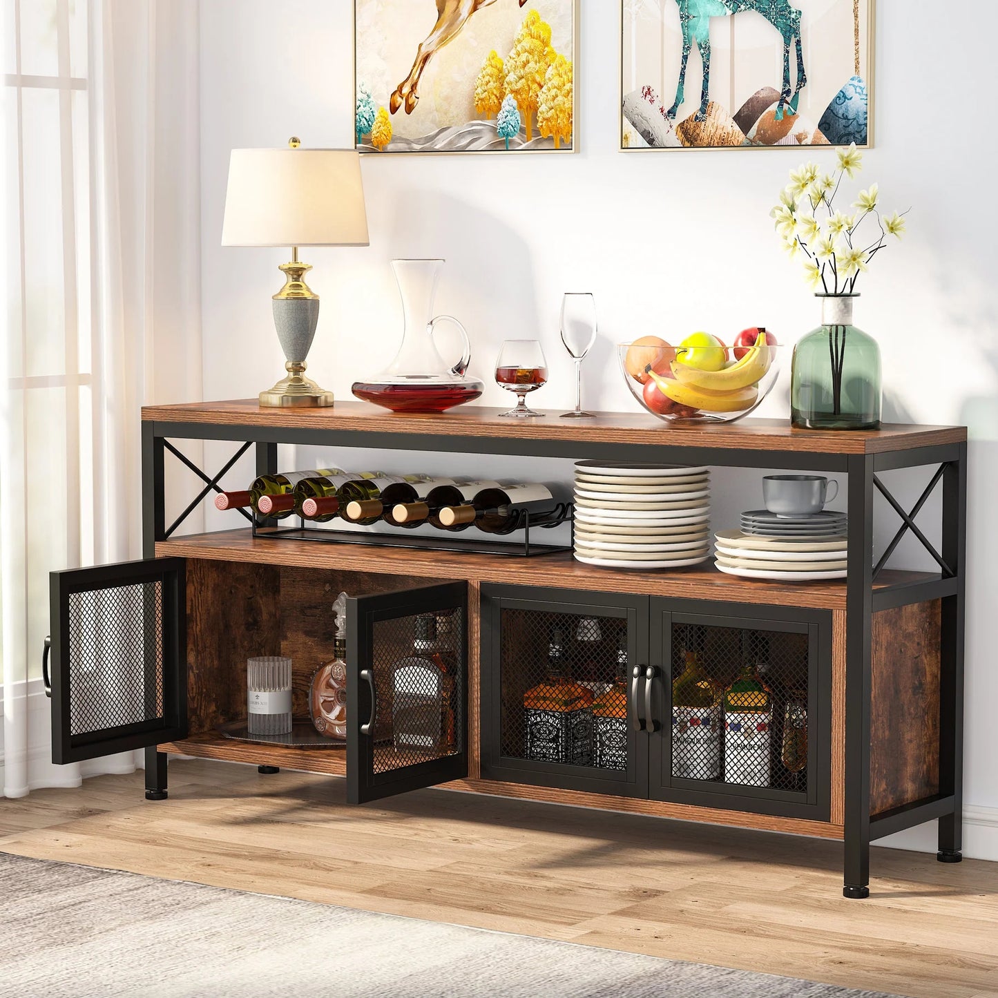 Tribesigns Sideboard Buffet Table Bar Cabinet with 4 Mesh Doors