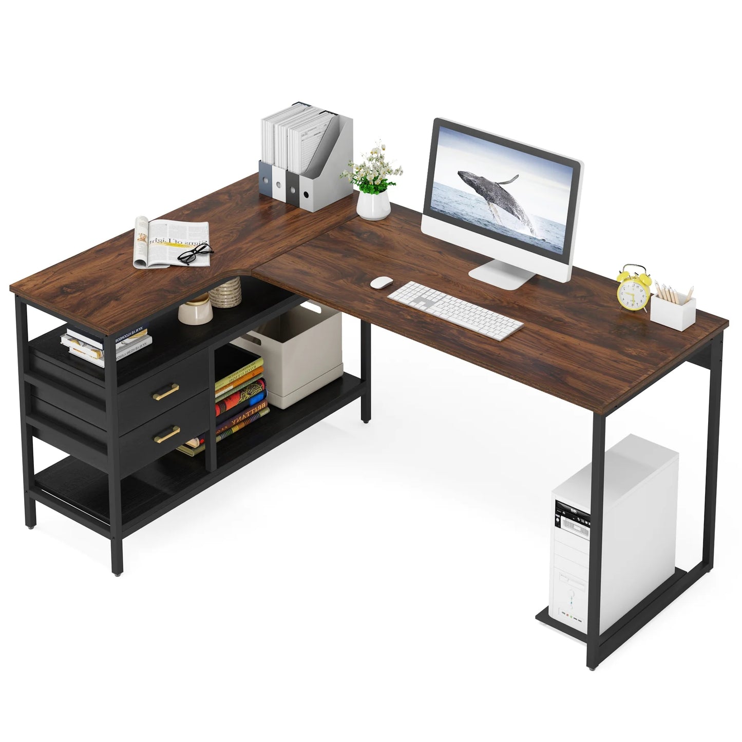 Tribesigns L-Shaped Desk, 59" Computer Desk with 2 Drawers & Storage Shelves