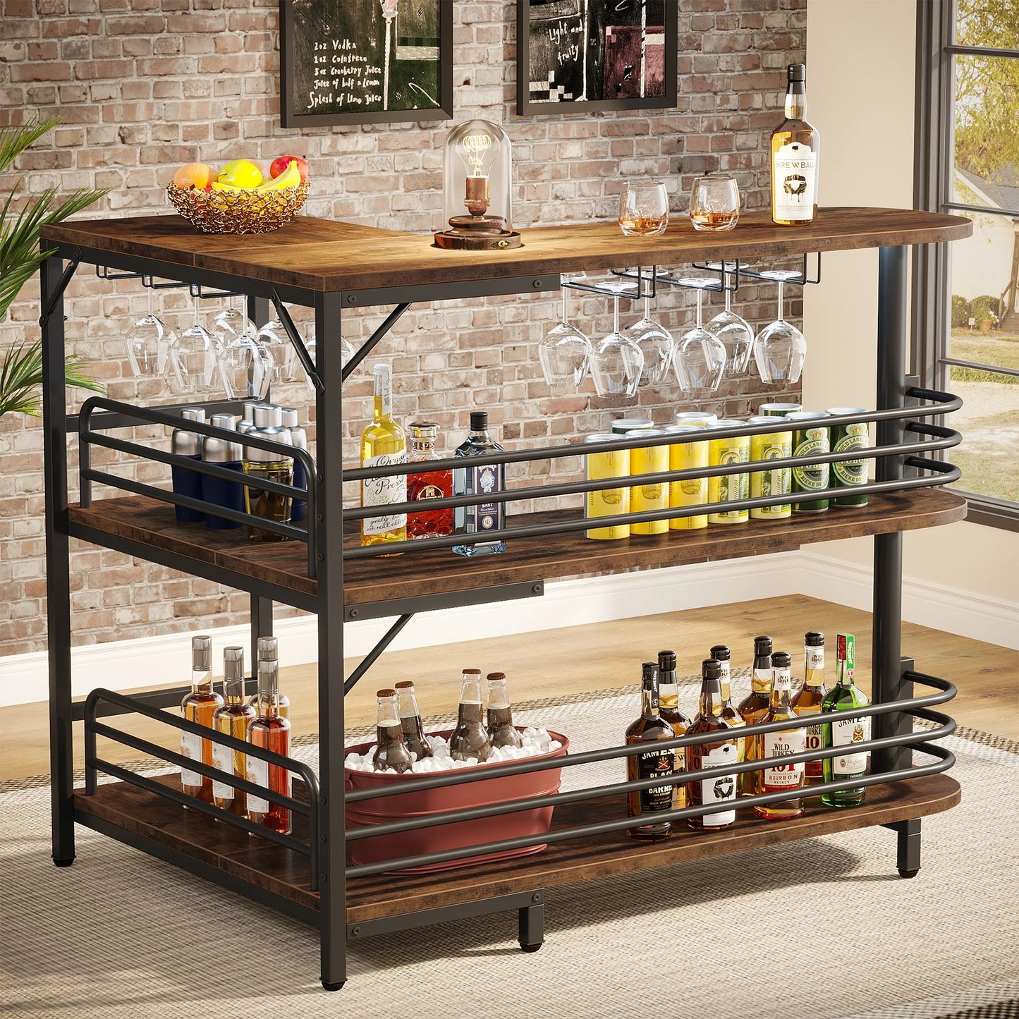 Tribesigns Bar Unit, 3 Tier L-Shaped Liquor Bar Table with Wine Glasses Holder