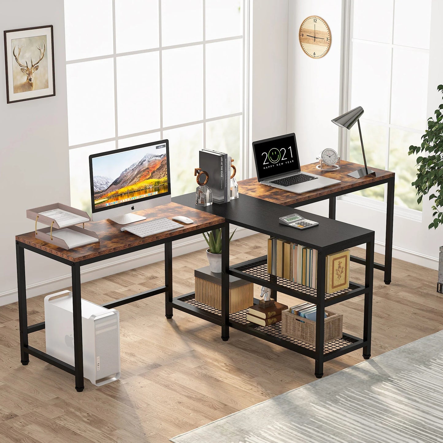 Tribesigns Two Person Desk, 94.5" Double Computer Desk with Shelves