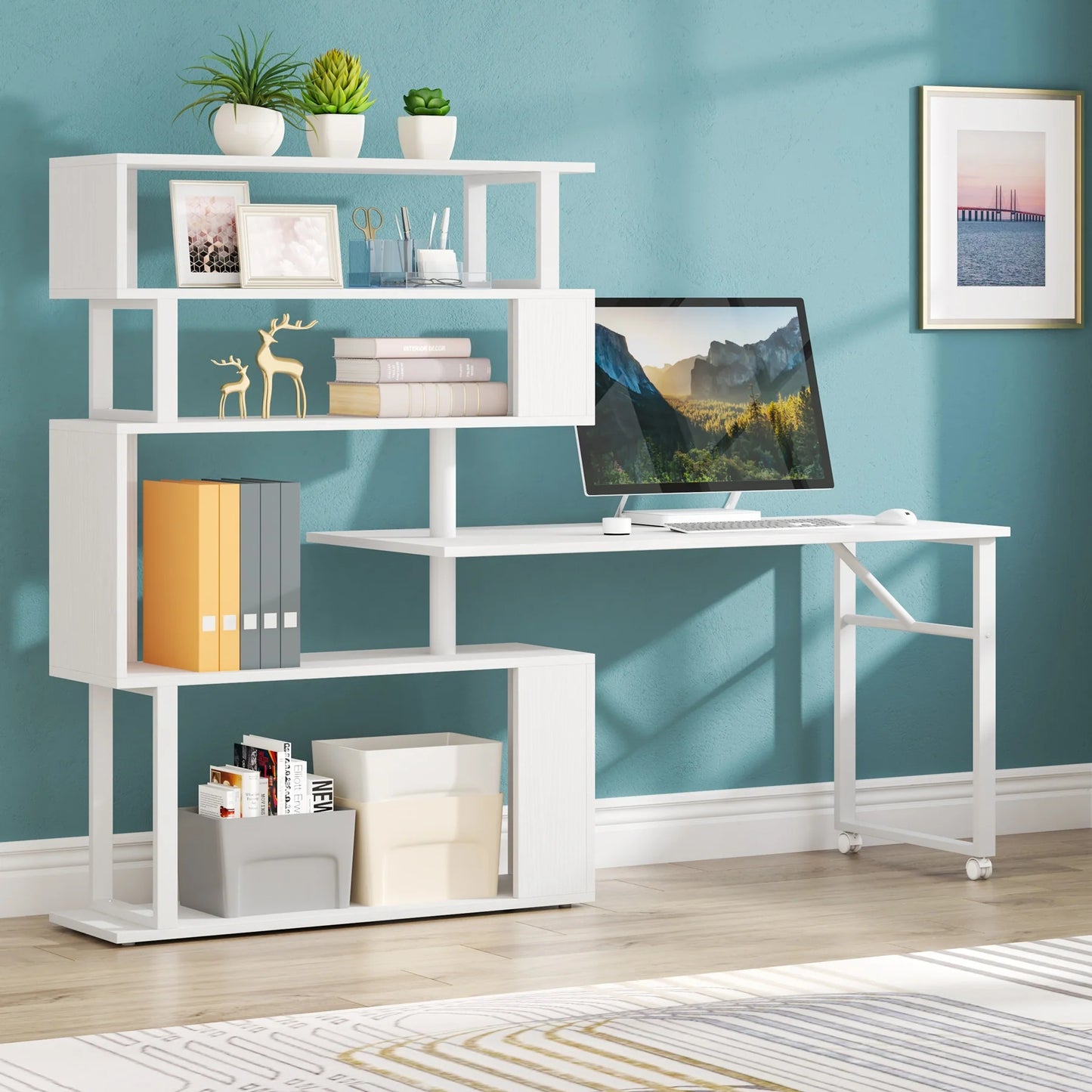 Tribesigns Rotating Desk, Reversible Computer Desk with 5 Shelves