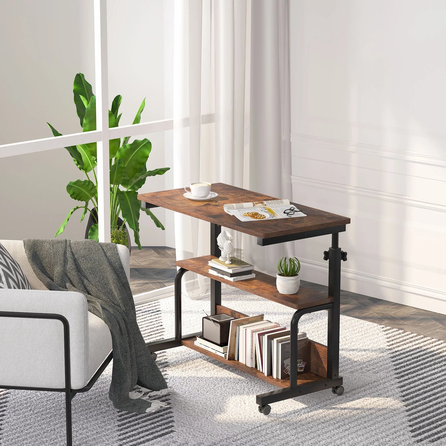 Tribesigns C Table, Height Adjustable Bedside Sofa Table with Wheels