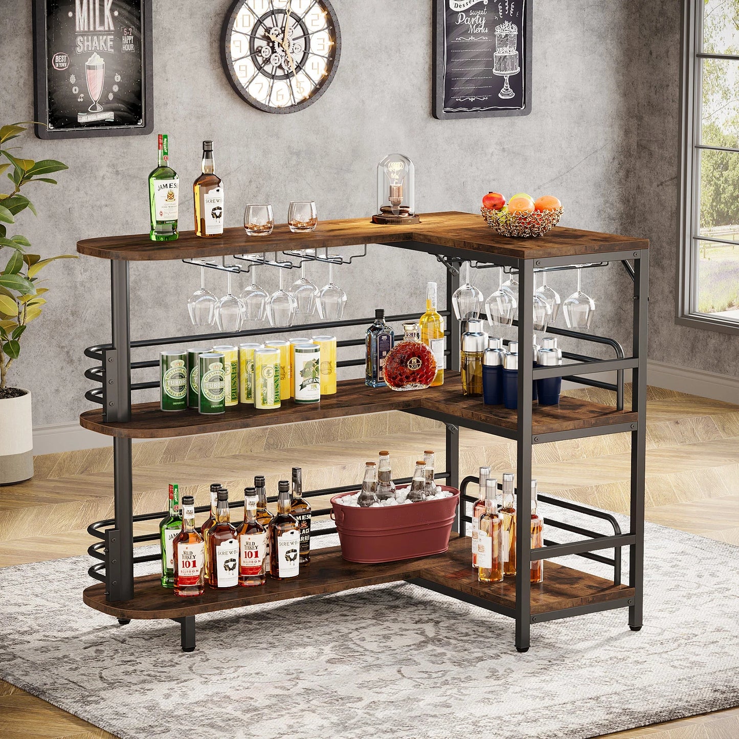 Tribesigns Bar Unit, 3 Tier L-Shaped Liquor Bar Table with Wine Glasses Holder