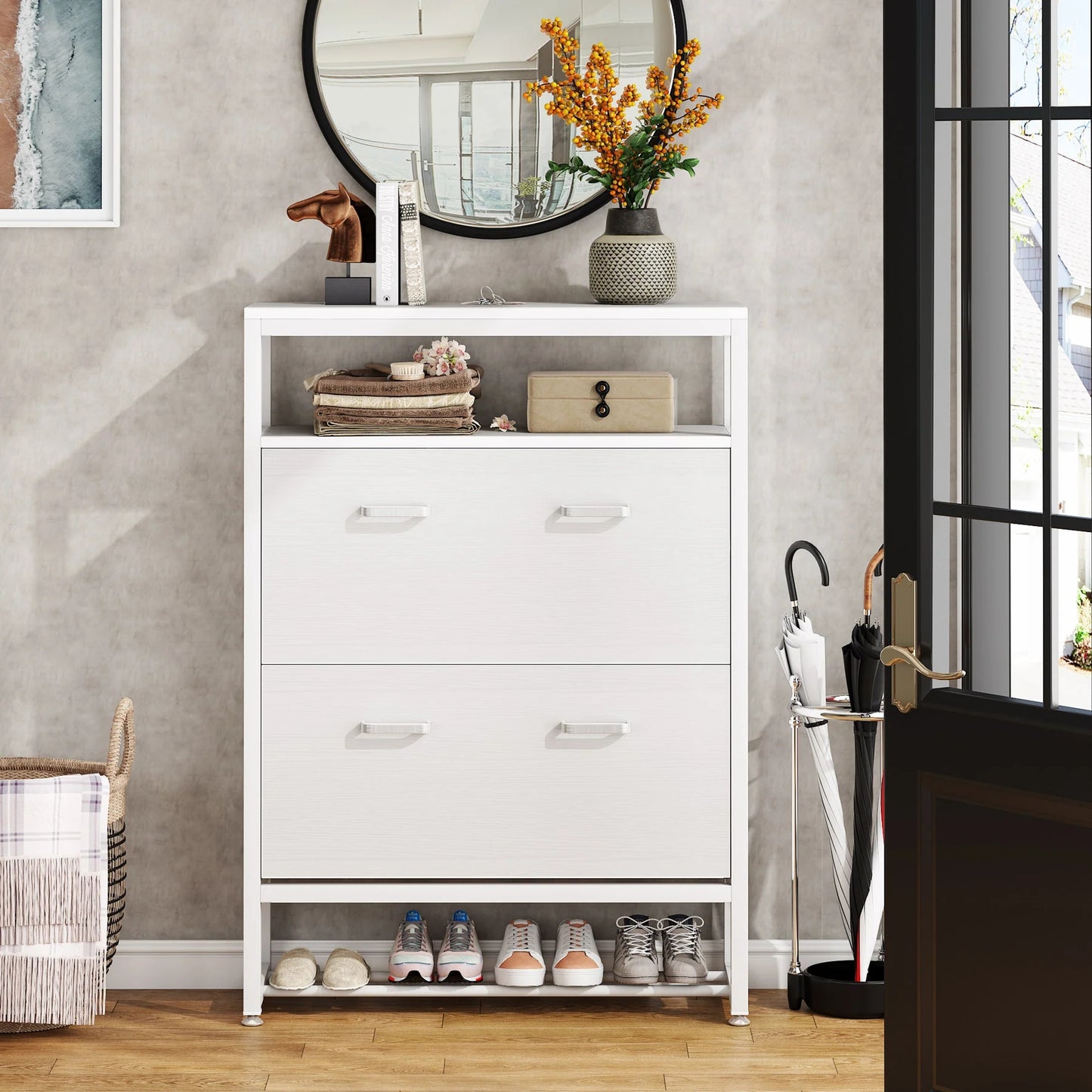 Tribesigns Shoe Cabinet, Tipping Bucket Shoe Storage Rack with Open Shelves