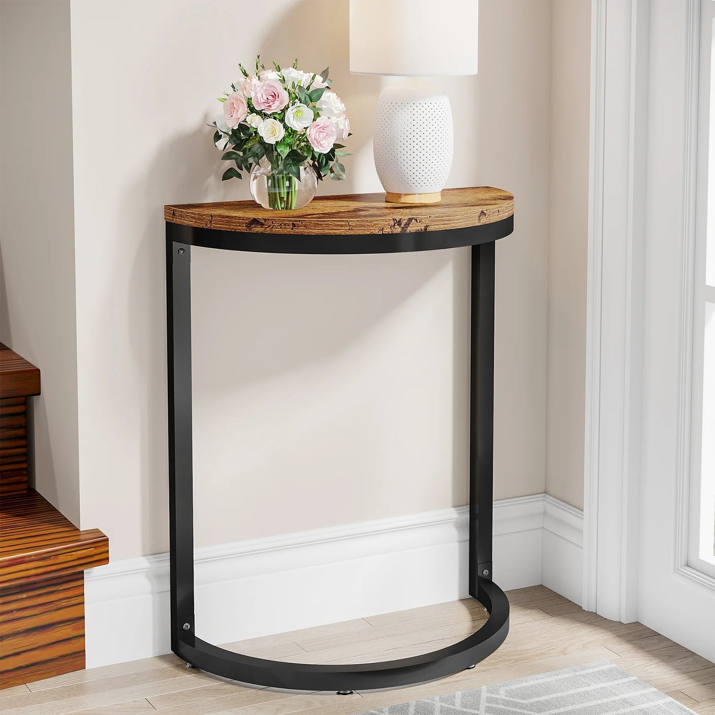 Tribesigns End Table, Half Round Narrow Side Table with Metal Frame