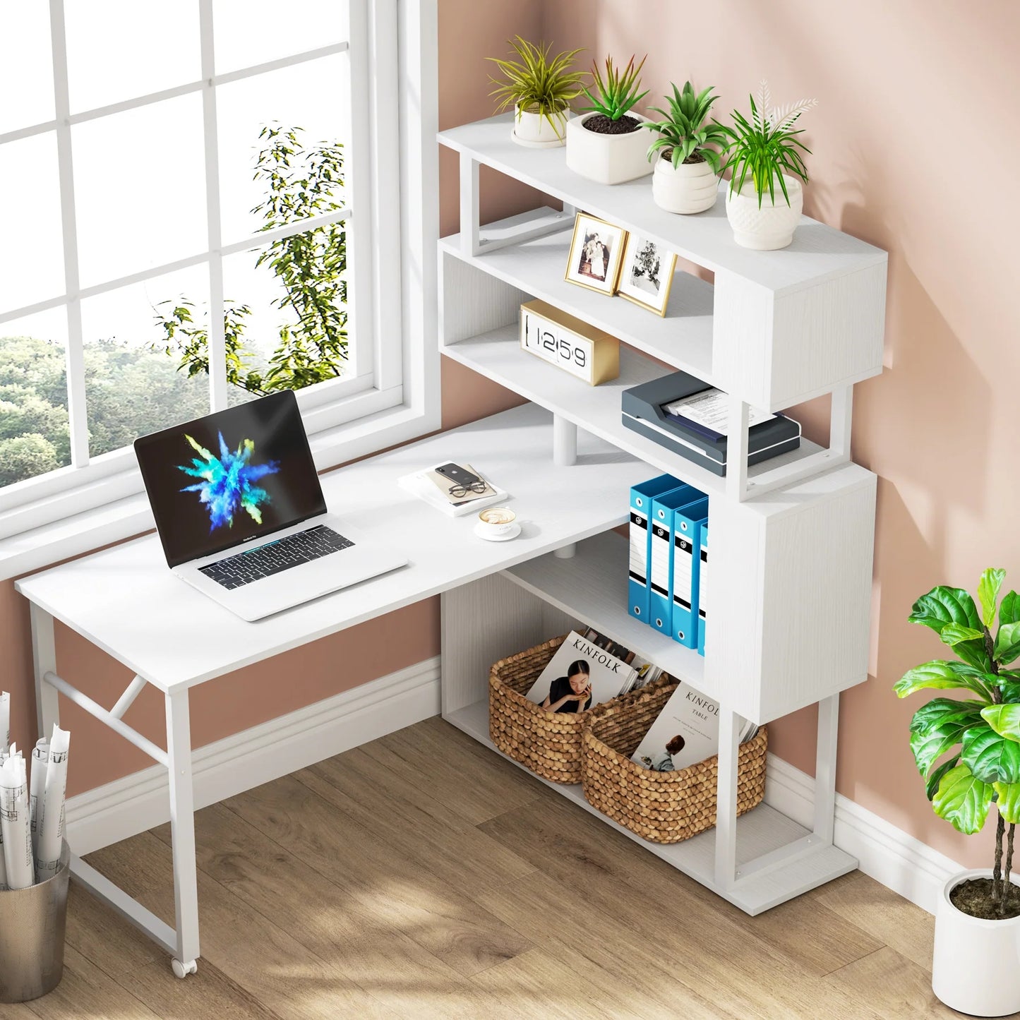 Tribesigns Rotating Desk, Reversible Computer Desk with 5 Shelves