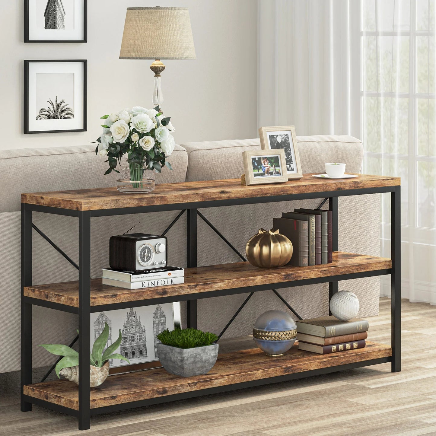 Tribesigns Console Table, 55" Sofa Table TV Stand with 3-Tier Storage Shelves