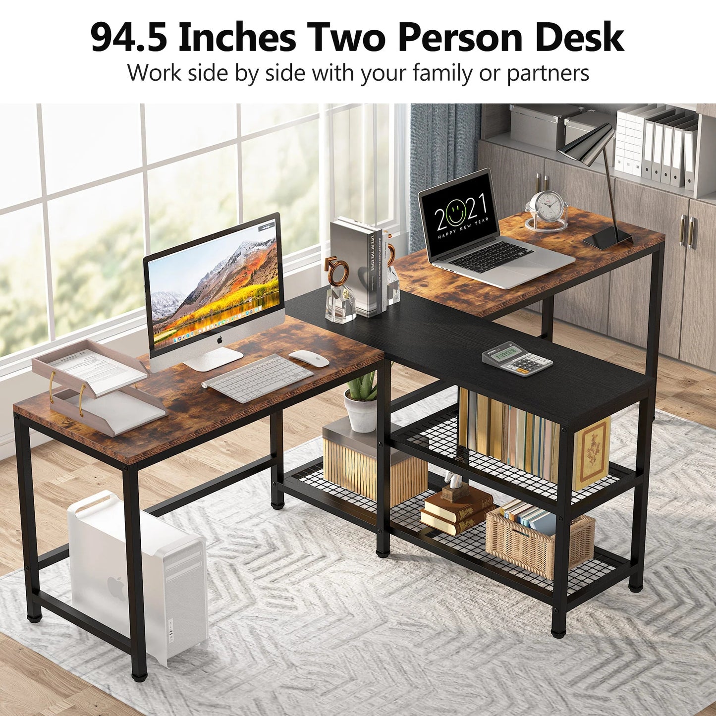 Tribesigns Two Person Desk, 94.5" Double Computer Desk with Shelves