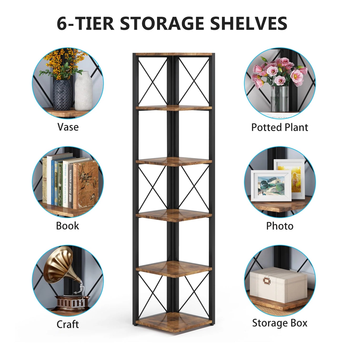 Tribesigns Corner Shelf, 70.8 Inch Tall Corner Bookshelf 6-Tier Storage Etagere