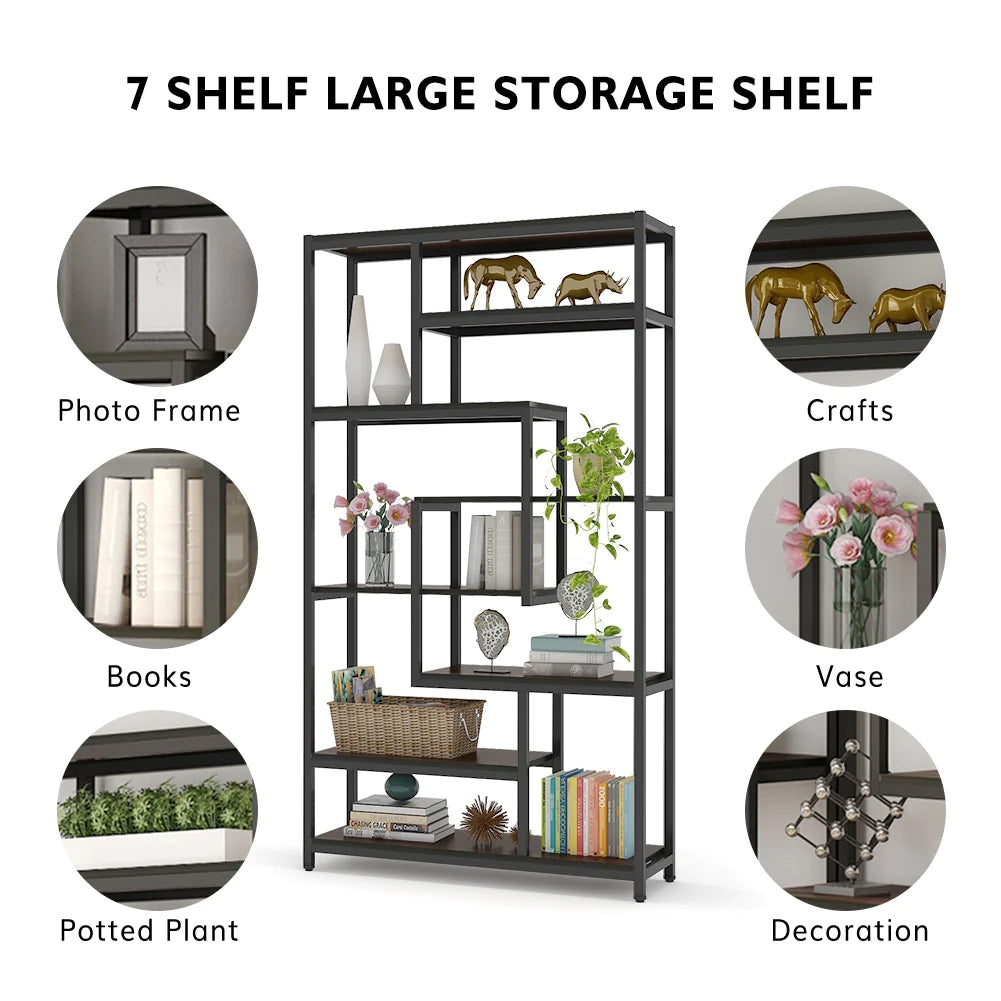 Tribesigns 8-Shelves Staggered Bookshelf, Industrial Etagere Bookcase