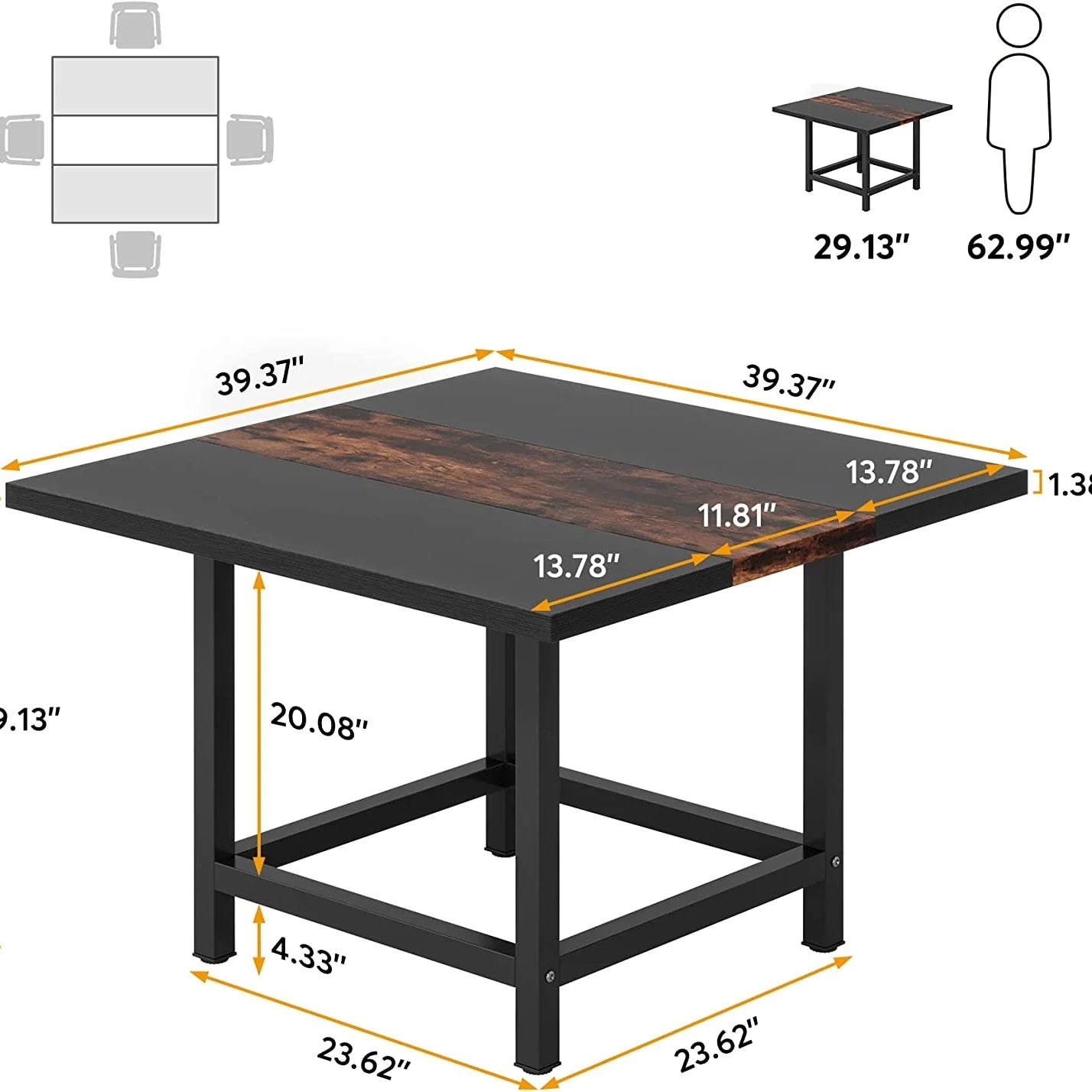 Tribesigns Dining Table, Rustic Square 39"x 39"x 29" Kitchen Table for 4