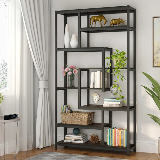 Tribesigns 8-Shelves Staggered Bookshelf, Industrial Etagere Bookcase