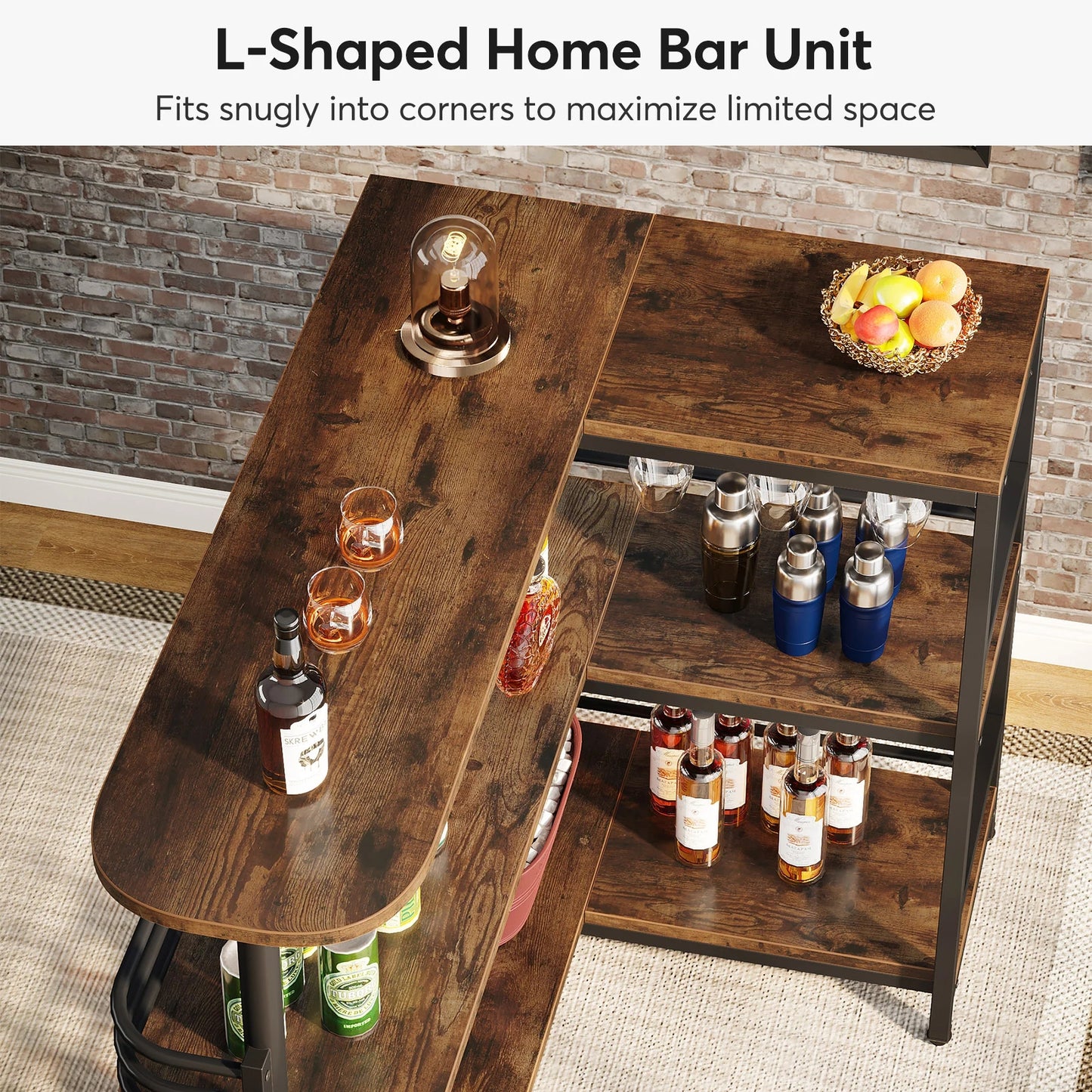 Tribesigns Bar Unit, 3 Tier L-Shaped Liquor Bar Table with Wine Glasses Holder