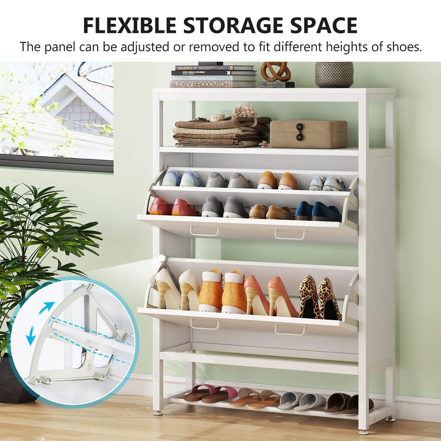 Tribesigns Shoe Cabinet, Tipping Bucket Shoe Storage Rack with Open Shelves