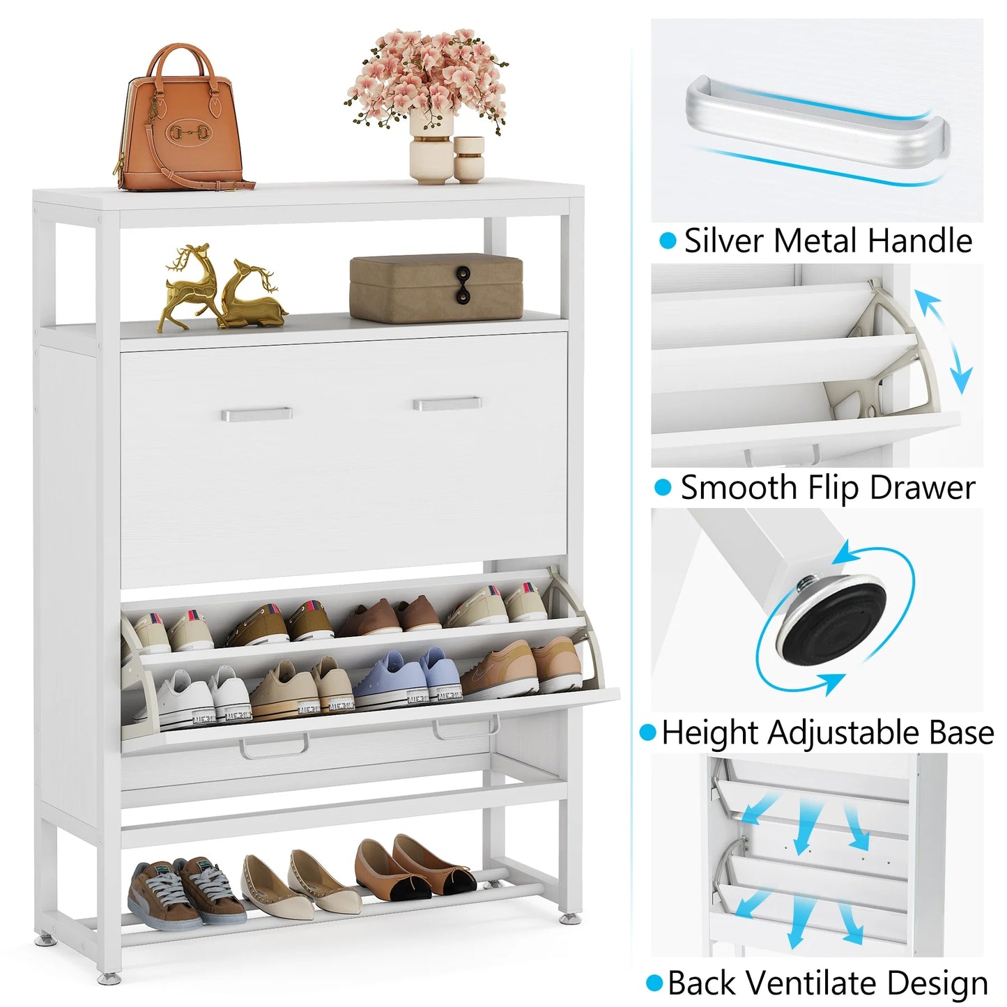 Tribesigns Shoe Cabinet, Tipping Bucket Shoe Storage Rack with Open Shelves