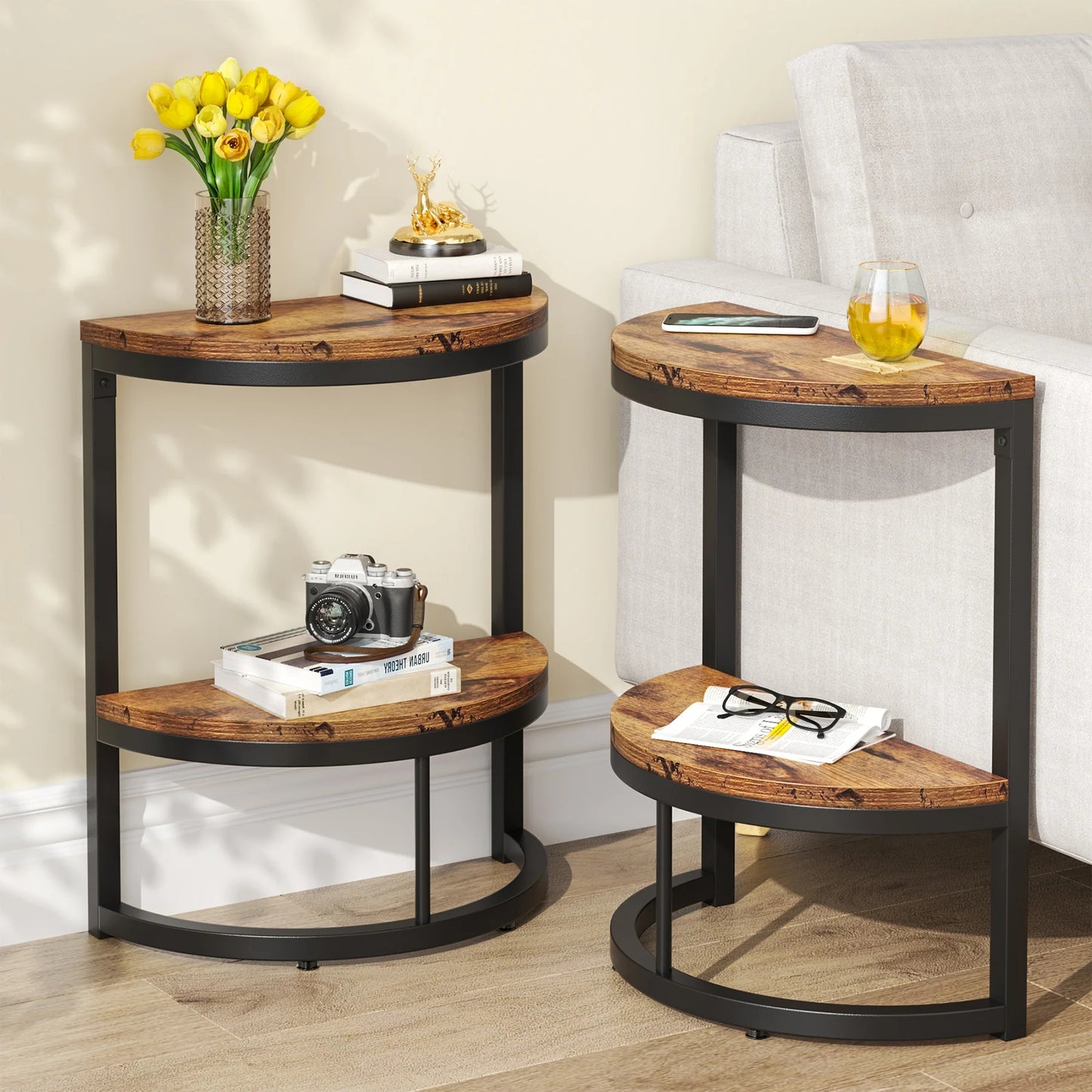 Tribesigns End Table, Half Round Narrow Side Table with Metal Frame