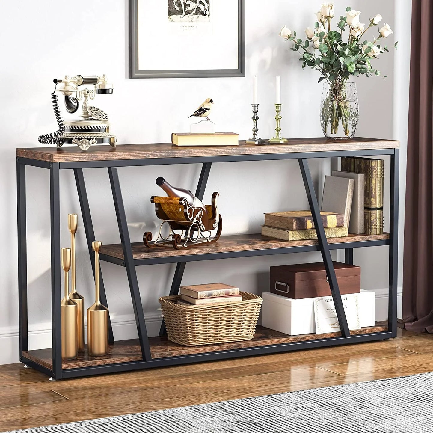 Tribesigns Console Table, Industrial 3-Tier Sofa Entryway Table with Open Shelves