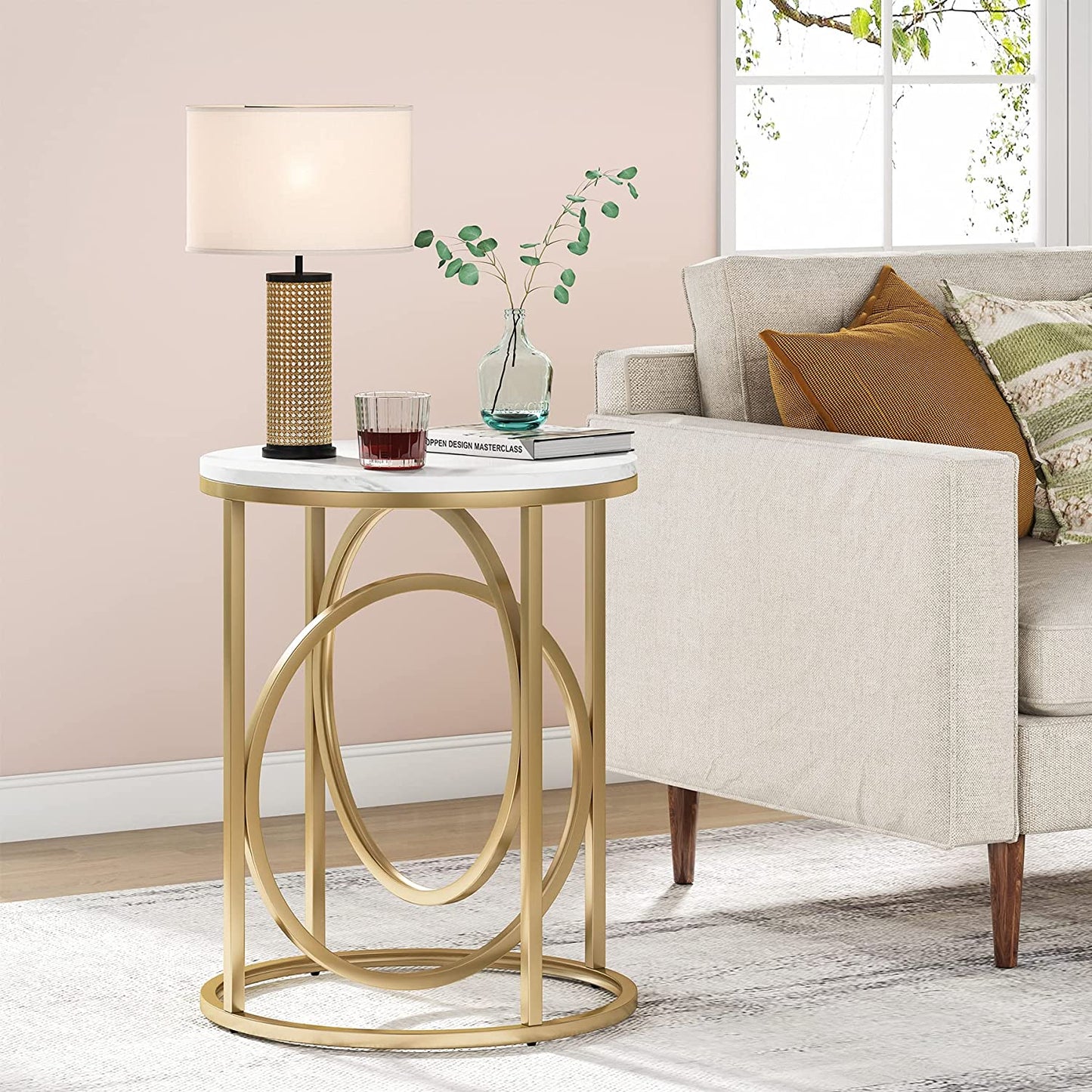 Tribesigns End Table, Modern Round Sofa Side Table with Faux Marble Top