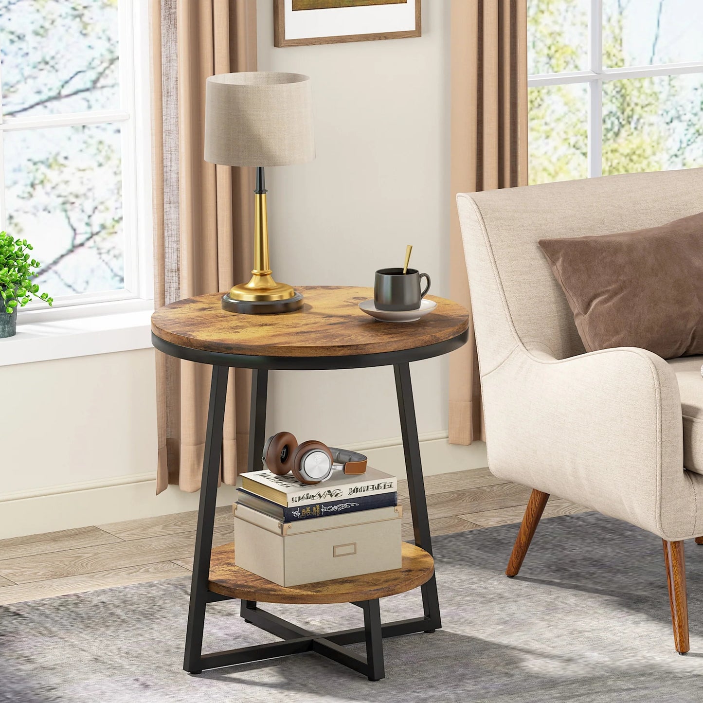 Tribesigns End Table, 2 Tier Round Nightstand Bedside Table