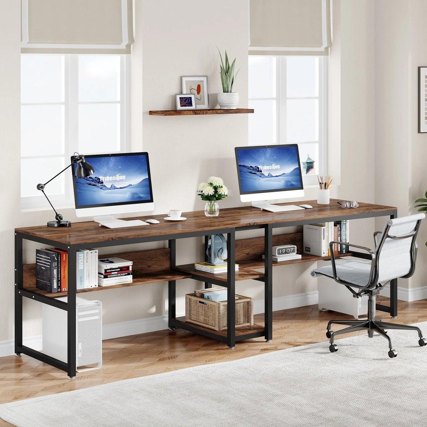 Tribesigns Two Person Desk, 78.7 Computer Double Desk with Bookshelf