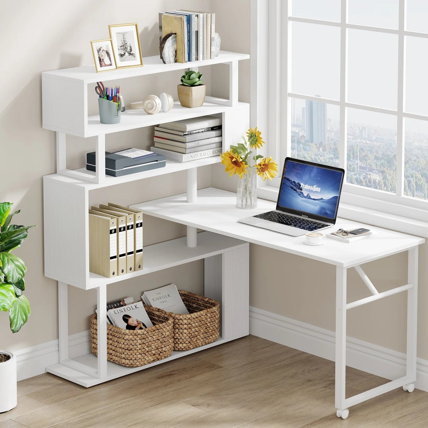 Tribesigns Rotating Desk, Reversible Computer Desk with 5 Shelves