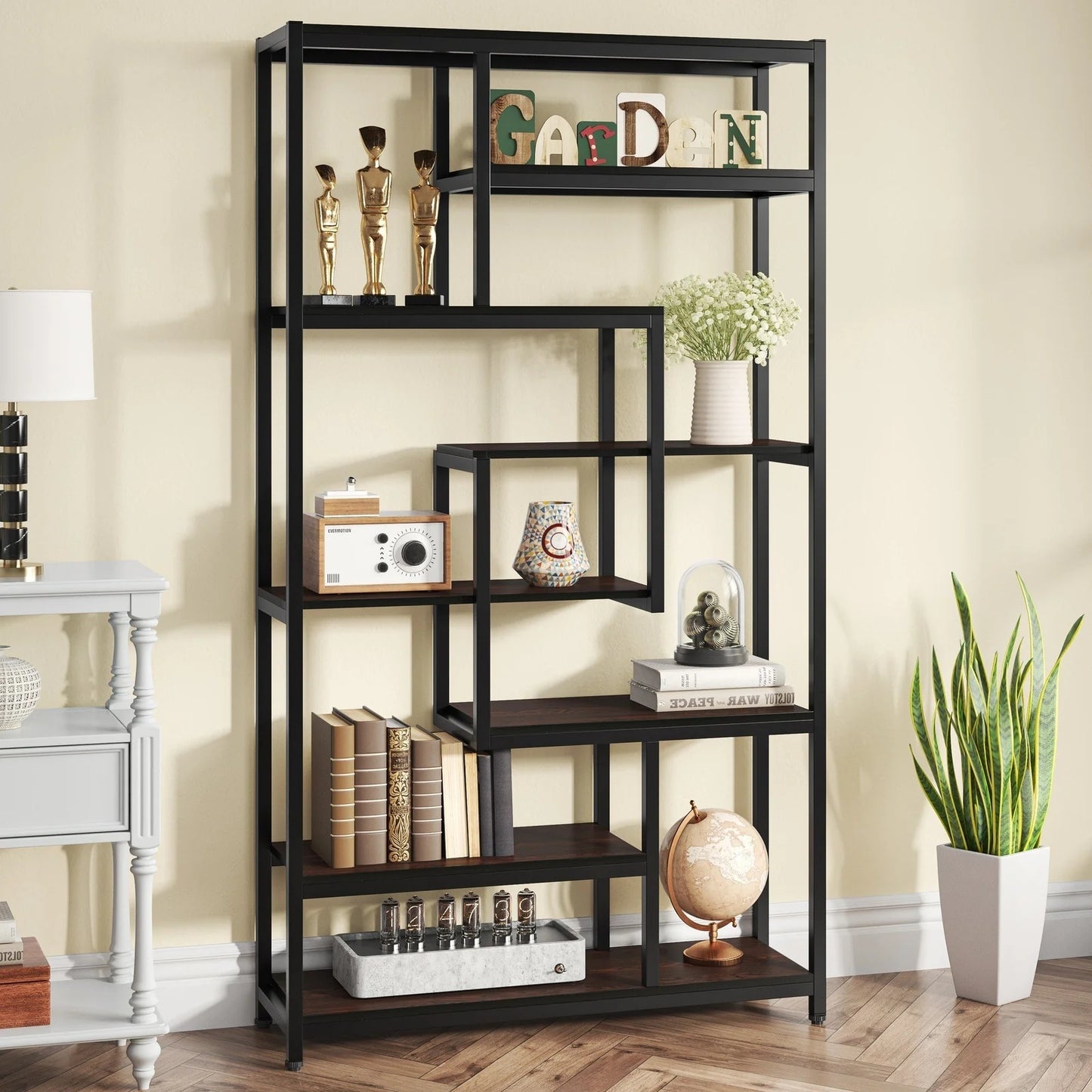 Tribesigns 8-Shelves Staggered Bookshelf, Industrial Etagere Bookcase