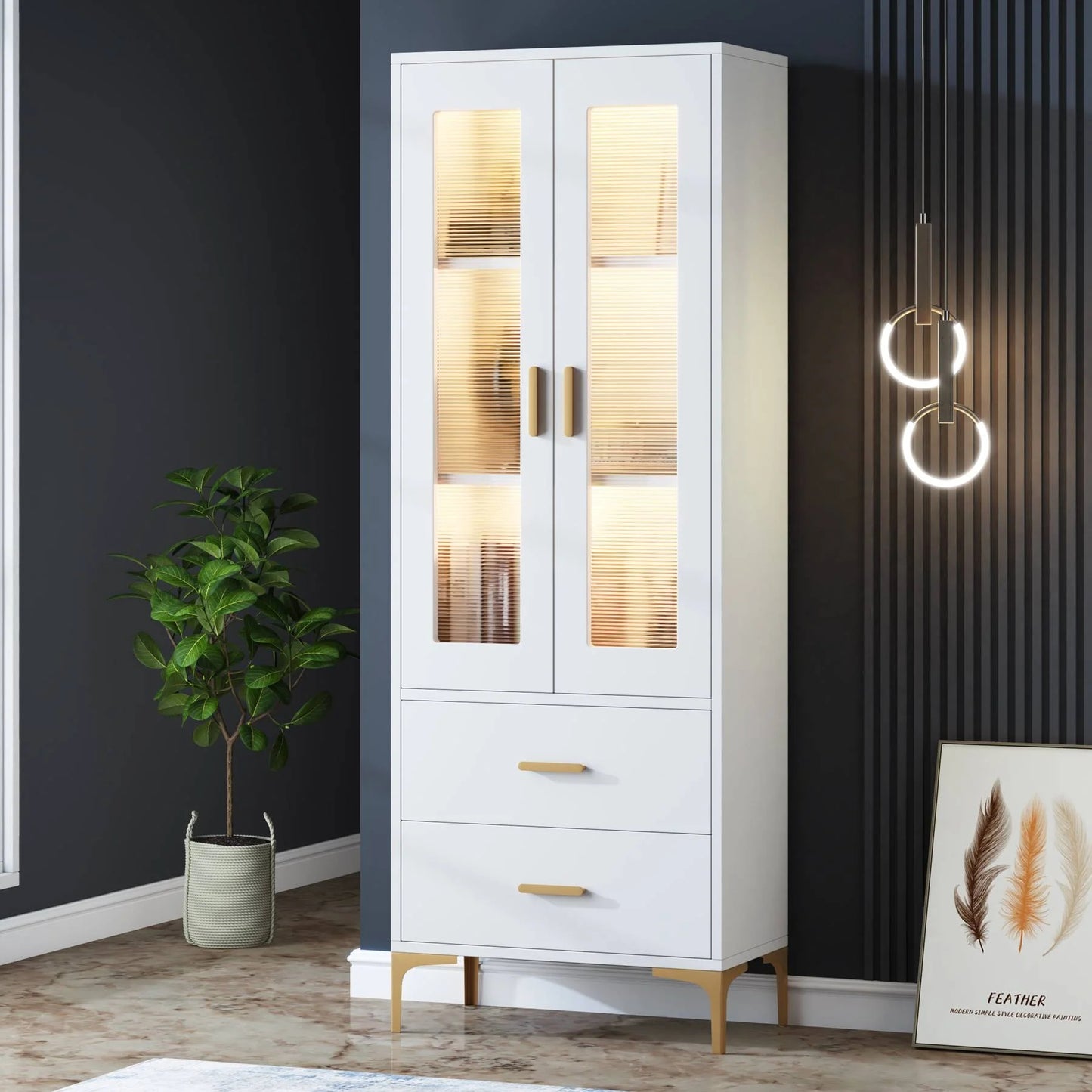 Tribesigns Bookcase, White Bookshelf with LED Light, Frosted Doors & 2 Drawers