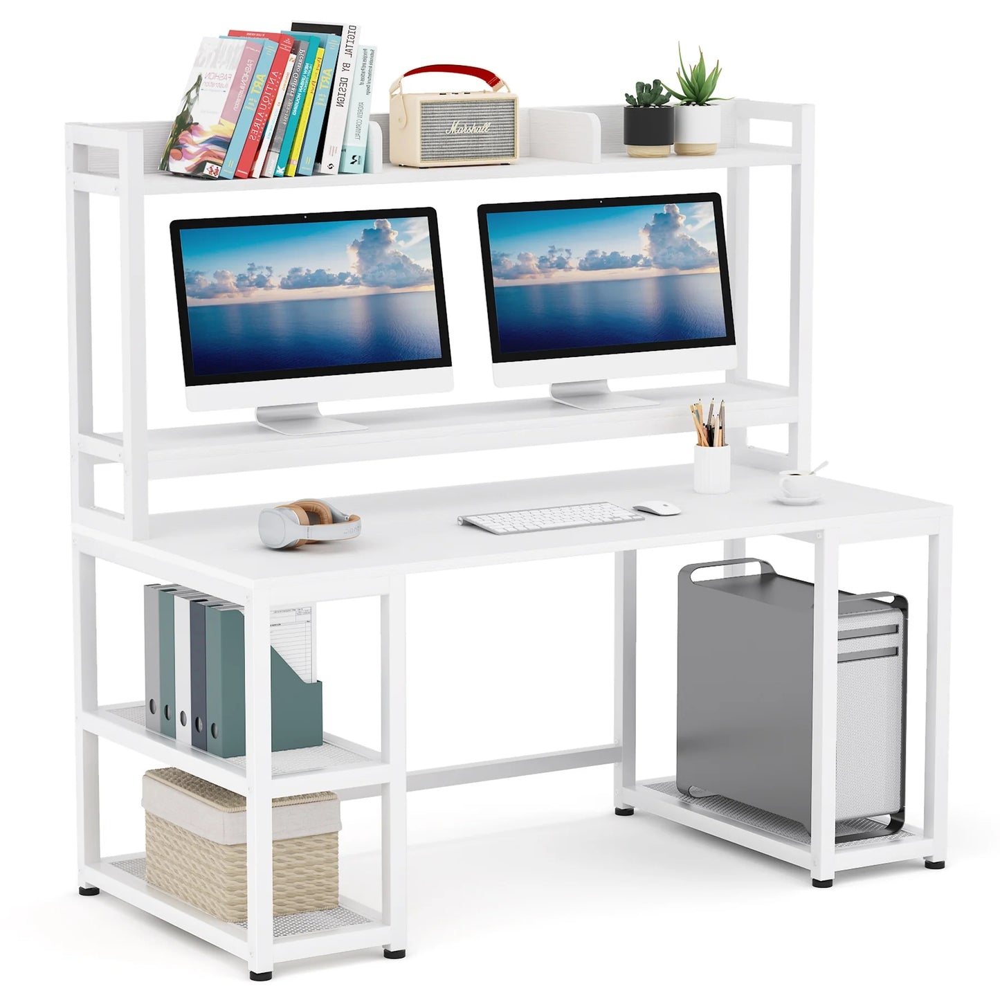 Tribesigns Computer Desk, 55" Hutch Desk Writing Table with Monitor Stand