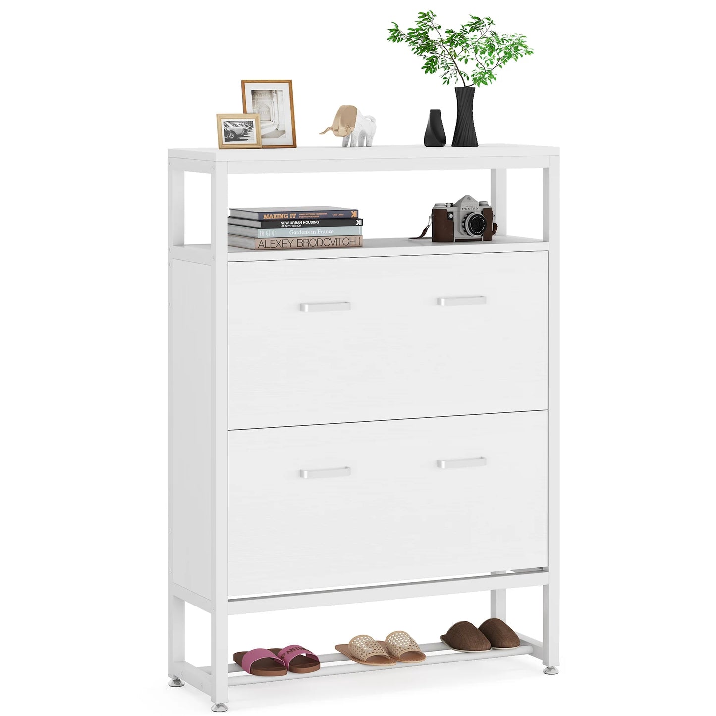 Tribesigns Shoe Cabinet, Tipping Bucket Shoe Storage Rack with Open Shelves