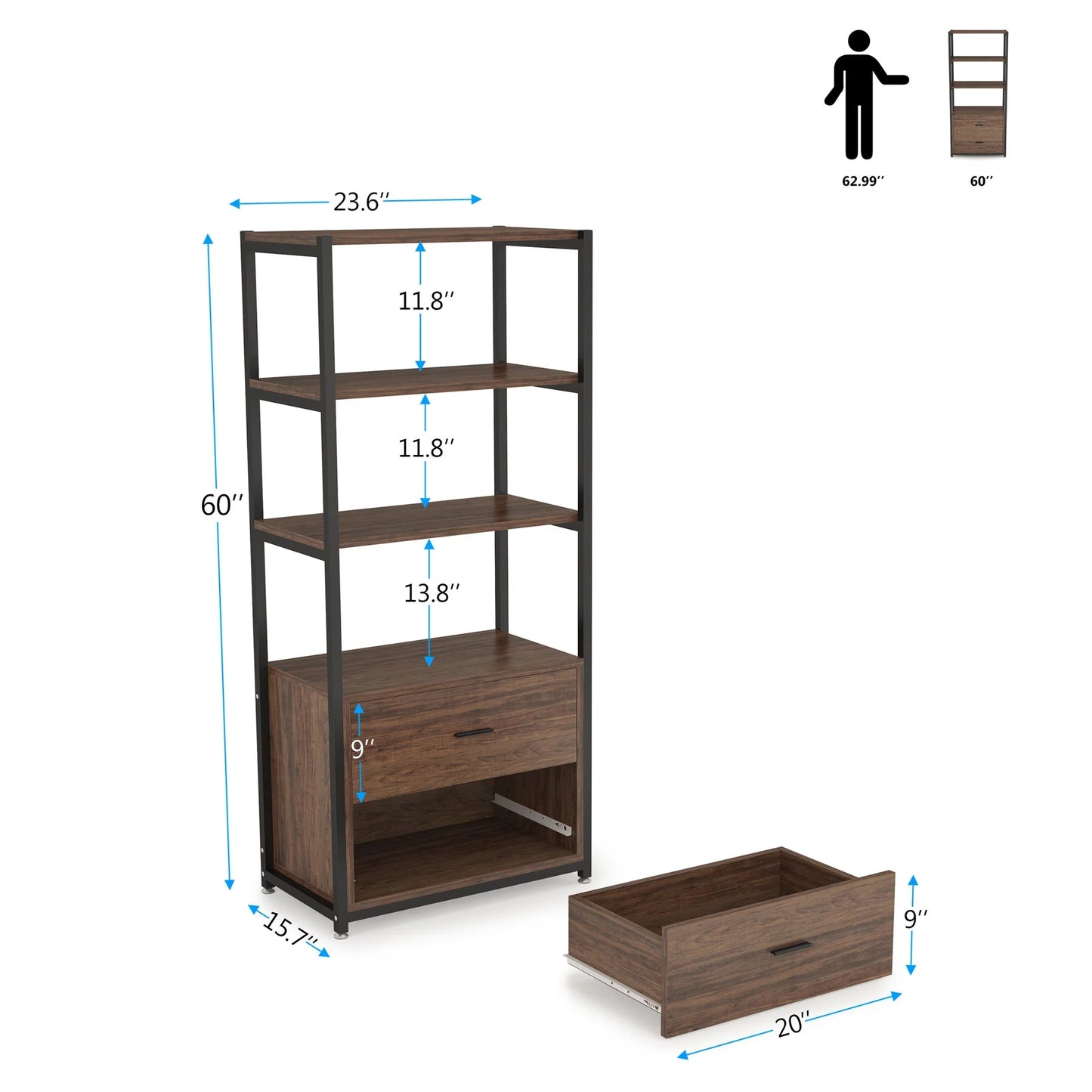 Tribesigns Bookshelf, 4 Tier Etagere Display Bookcase with 2 Drawers