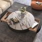 Modern Drum Coffee Table with Oak Veneer, Sintered Stone Coffee Table with 2 Solid Wood Drawers, Fully Assembled, 35.43", White