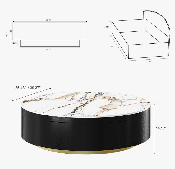Modern Drum Coffee Table with Oak Veneer, Sintered Stone Coffee Table with 2 Solid Wood Drawers, Fully Assembled, 35.43", White